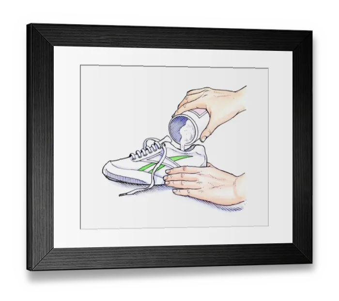 Framed Print : Illustration of hands pouring bicarbonate of soda into a shoe to deodorise it Framed Print : Illustration of hands pouring bicarbonate of soda into a shoe to deodorise it
