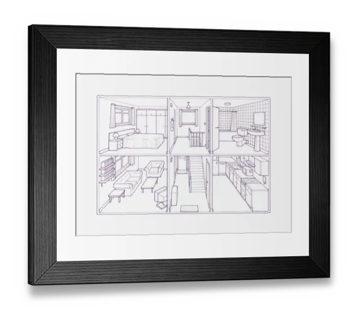 Framed Print : Cross section blueprint illustration of house showing rooms inside Framed Print : Cross section blueprint illustration of house showing rooms inside