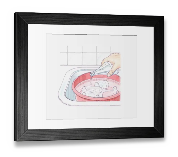 Framed Print : Illustration of a hand adding a little vinegar to a washing-up bowl containing glasses in order to cut through grease to clean Framed Print : Illustration of a hand adding a little vinegar to a washing-up bowl containing glasses in order to cut through grease to clean