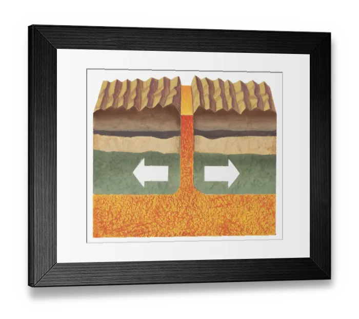 Framed Print : Cross section illustration showing the edges of two tectonic plates being pushed apart with magma beneath and between them Framed Print : Cross section illustration showing the edges of two tectonic plates being pushed apart with magma beneath and between them