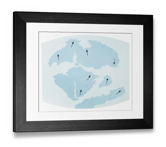 Framed Print : Illustration showing Earths continents 135 million years ago and their direction of movement Framed Print : Illustration showing Earths continents 135 million years ago and their direction of movement