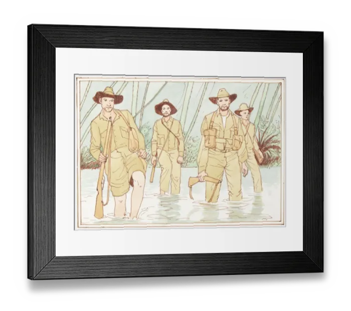 Framed Print : Illustration of Australian soldiers of the Pacific War during World War II wading through swamp Framed Print : Illustration of Australian soldiers of the Pacific War during World War II wading through swamp