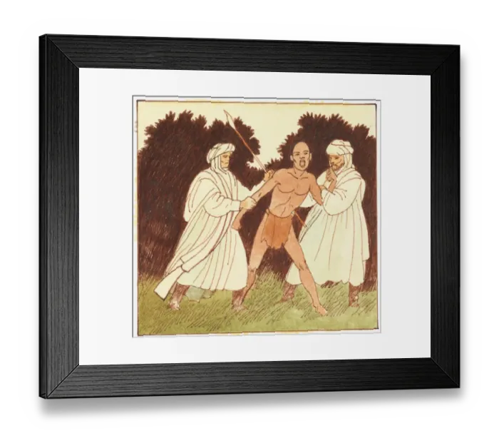 Framed Print : Illustration of slave traders forcing African villager to become slave Framed Print : Illustration of slave traders forcing African villager to become slave