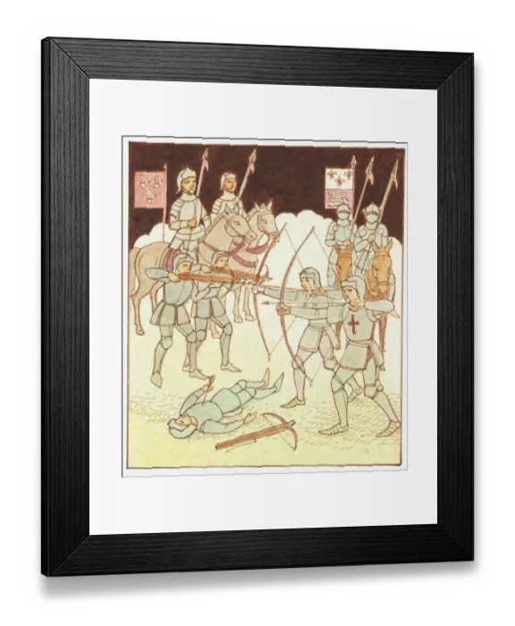 Framed Print : Illustration of soldiers on horseback with pollaxes, archers with longbows and cross bows and dead soldier on ground during the Hundred Years War