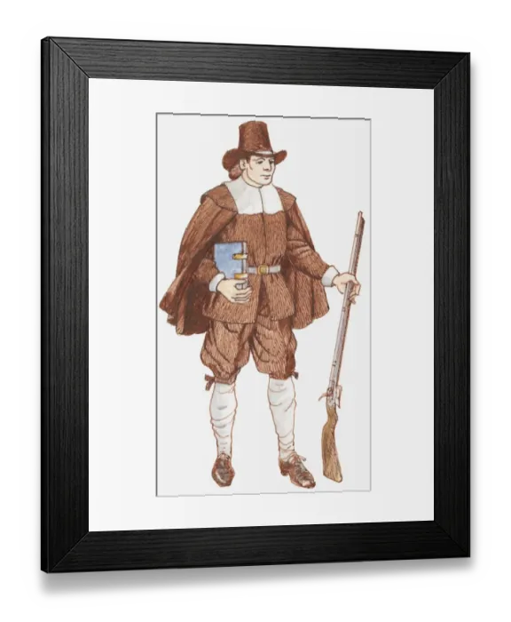 Framed Print : Illustration of 17th century pilgrim holding bible and rifle Framed Print : Illustration of 17th century pilgrim holding bible and rifle