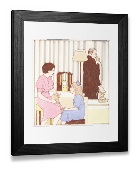 Framed Print : Illustration of 1930s family with radio, electricity, and man talking on telephone Framed Print : Illustration of 1930s family with radio, electricity, and man talking on telephone
