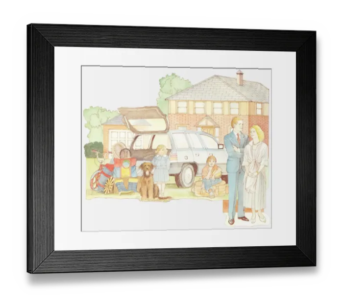 Framed Print : Illustration of late 20th century family outside house with two children, dog and car Framed Print : Illustration of late 20th century family outside house with two children, dog and car