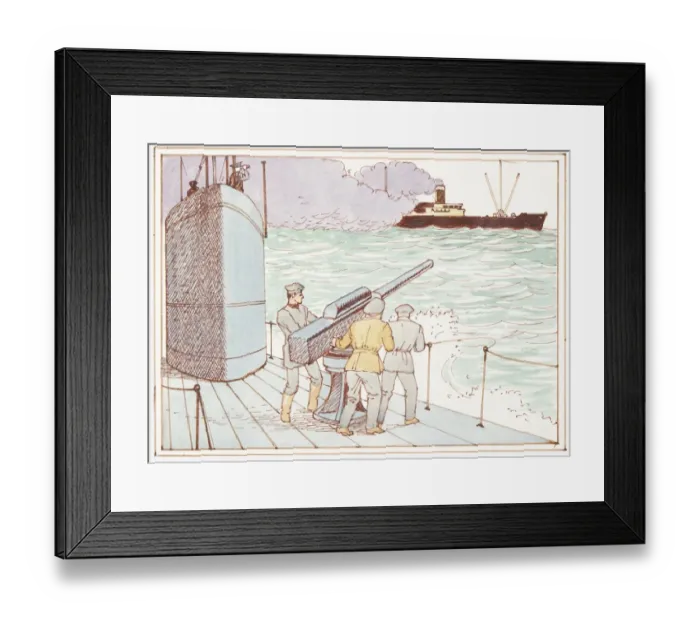 Framed Print : Illustration of German sailors on board submarine firing weapon at American warship in the Battle of the Atlantic during World War II Framed Print : Illustration of German sailors on board submarine firing weapon at American warship in the Battle of the Atlantic during World War II