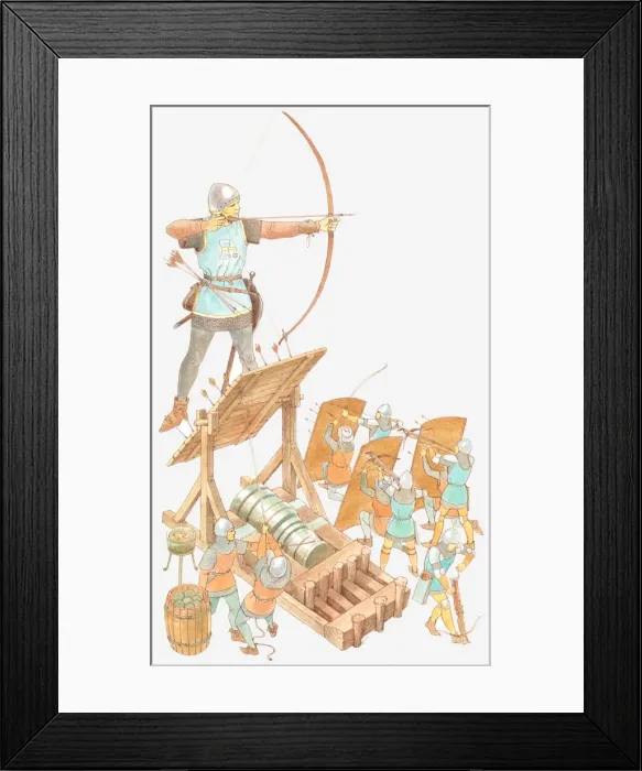Framed Print : Illustration of archer with longbow, archers with shields, and cannon during Hundred Years War Framed Print : Illustration of archer with longbow, archers with shields, and cannon during Hundred Years War