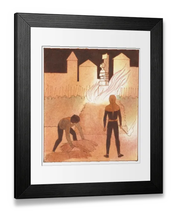 Framed Print : Illustration of Joan of Arc being burned at the stake as executioner holds torch and man lifts straw to fuel fire Framed Print : Illustration of Joan of Arc being burned at the stake as executioner holds torch and man lifts straw to fuel fire