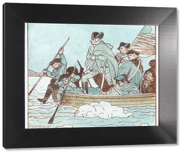 Illustration of George Washington in boat crossing the Delaware River to defeat the British at the Battle of Trenton during the American Revolution