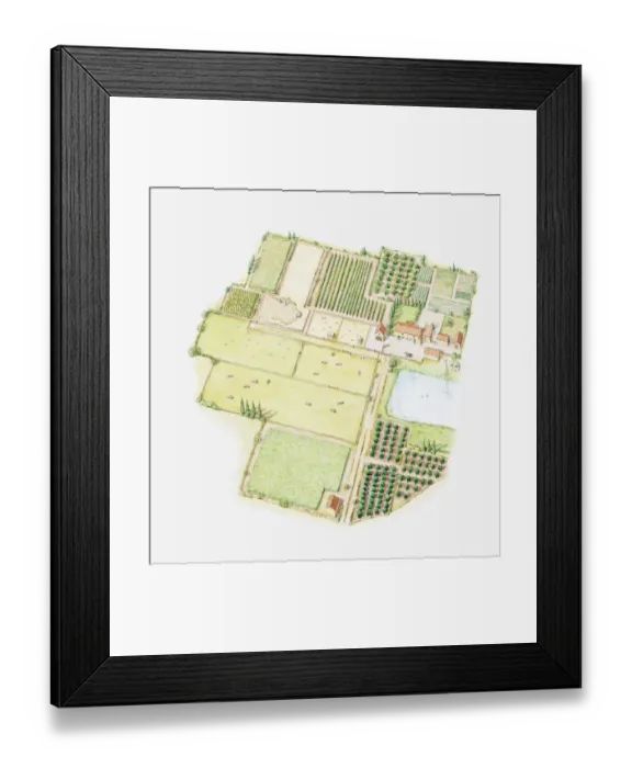 Framed Print : Illustration of a larger home farm, showing land divided up into fields for different uses including crops and livestock, outbuildings and a pond