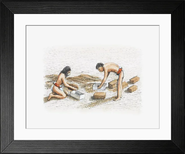 Framed Print : Illustration of Moche people constructing temple-pyramid using adobe bricks Framed Print : Illustration of Moche people constructing temple-pyramid using adobe bricks