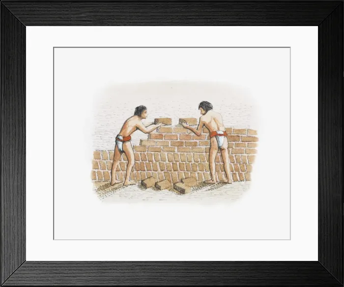Framed Print : Illustration of Moche people constructing temple-pyramid using adobe bricks Framed Print : Illustration of Moche people constructing temple-pyramid using adobe bricks