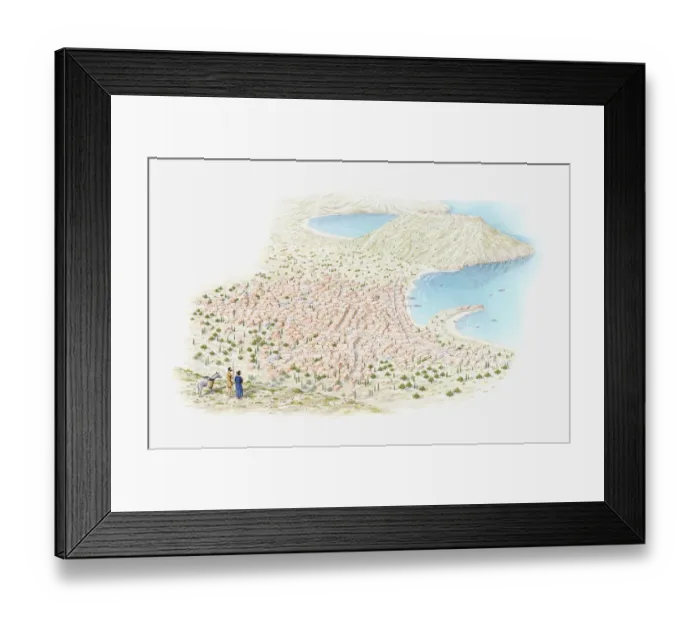Framed Print : Illustration of recreation of bronze age town and how it would have looked to a traveller on the hill of of Petsofa looking down on bay of Palaokastro in 1500 BC Framed Print : Illustration of recreation of bronze age town and how it would have looked to a traveller on the hill of of Petsofa looking down on bay of Palaokastro in 1500 BC