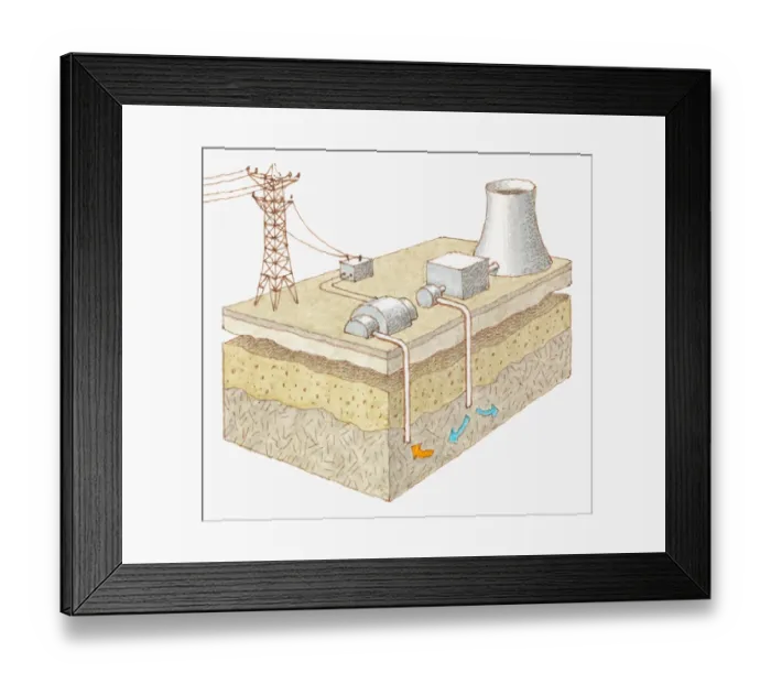 Framed Print : Cross section illustration showing sustainable energy by geothermal power Framed Print : Cross section illustration showing sustainable energy by geothermal power