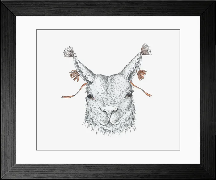 Framed Print : Illustration of domesticated llama with yarn threaded through ears, ancient Andean custom Framed Print : Illustration of domesticated llama with yarn threaded through ears, ancient Andean custom