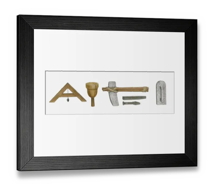 Framed Print : Illustration of wooden square level with a plum bob, rock hammer, copper chisels and wooden mallet tools used in Ancient Egyptian masonry Framed Print : Illustration of wooden square level with a plum bob, rock hammer, copper chisels and wooden mallet tools used in Ancient Egyptian masonry