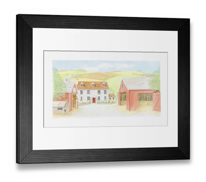 Framed Print : Illustration of a farmhouse and farmyard against countryside backdrop Framed Print : Illustration of a farmhouse and farmyard against countryside backdrop