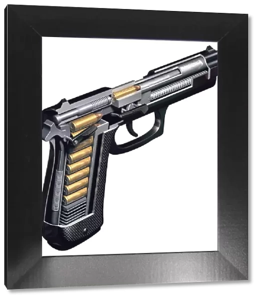 Semi-automatic pistol, cutaway illustration