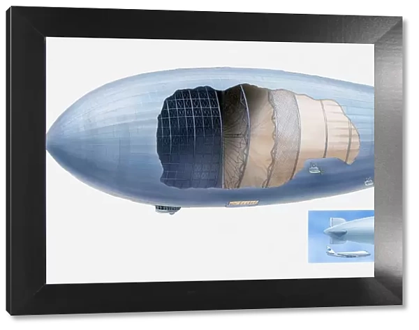 Cross section illustration of Zeppelin and scale of model of airship compared to commercial aircraft