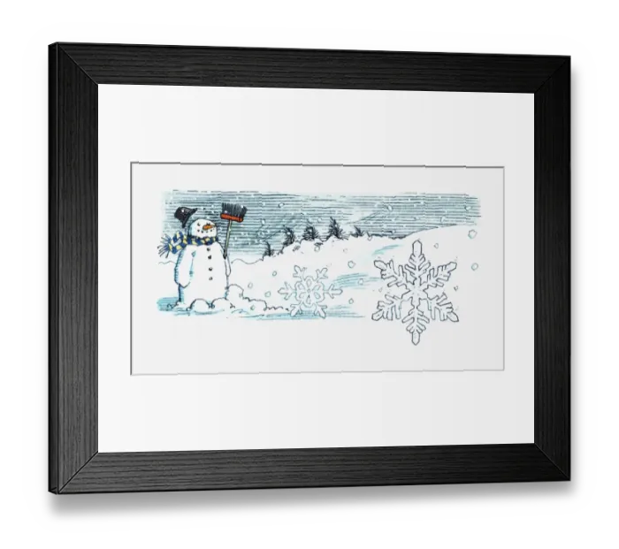 Framed Print : Illustration of smiling snowman holding broom during snowstorm Framed Print : Illustration of smiling snowman holding broom during snowstorm