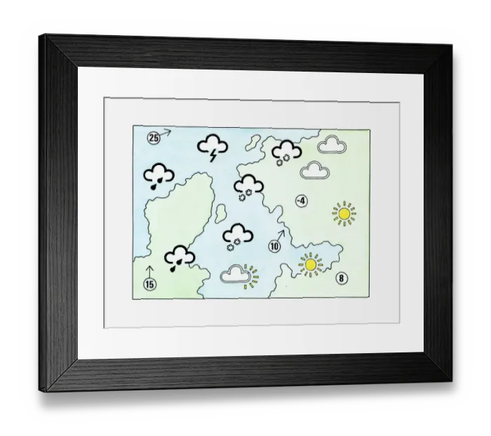Framed Print : Illustration of weather chart showing rain lightning, cloud and sunshine Framed Print : Illustration of weather chart showing rain lightning, cloud and sunshine