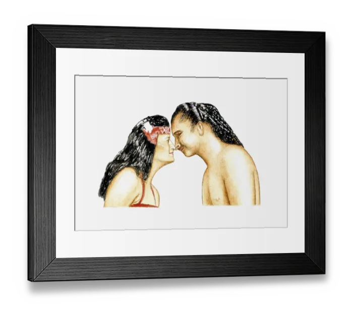 Framed Print : Illustration of Hawaiian couple kissing by touching noses