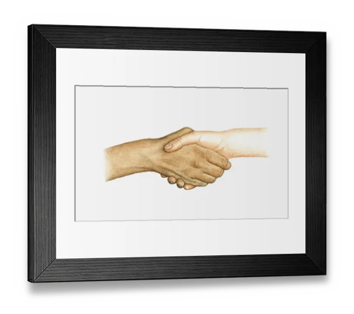 Framed Print : Illustration of two men of different racial ethnicities shaking hands Framed Print : Illustration of two men of different racial ethnicities shaking hands