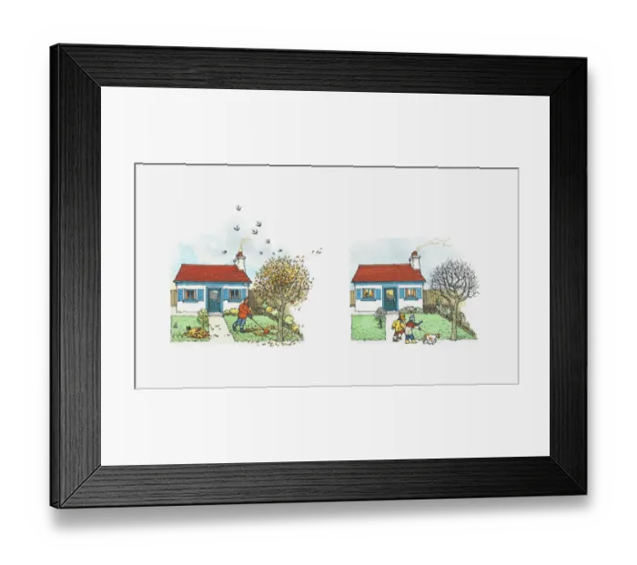 Framed Print : Illustration of of man gathering up leaves during autumn and flock of birds migrating, and people walking a dog near leafless tree in winter in front of house Framed Print : Illustration of of man gathering up leaves during autumn and flock of birds migrating, and people walking a dog near leafless tree in winter in front of house