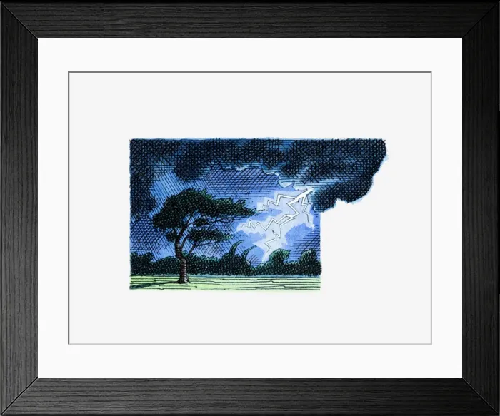 Framed Print : Illustration of lightning strike during thunderstorm in countryside