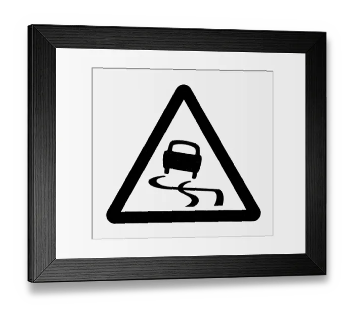 Framed Print : Black and white illustration of slippery road symbol in black triangle Framed Print : Black and white illustration of slippery road symbol in black triangle