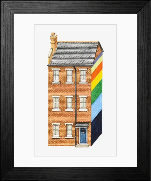 Framed Print : Illustration of brick house with one side painted in a pattern of colourful stripes Framed Print : Illustration of brick house with one side painted in a pattern of colourful stripes
