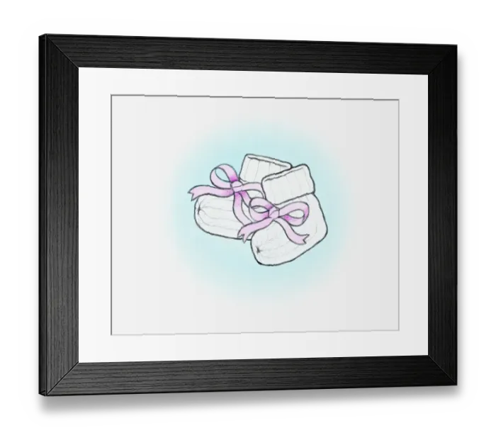 Framed Print : Illustration of knitted white wool booties tied with pink ribbon bows