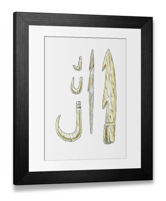 Framed Print : Illustration of era Jomon bone fish hooks, Japan Framed Print : Illustration of era Jomon bone fish hooks, Japan