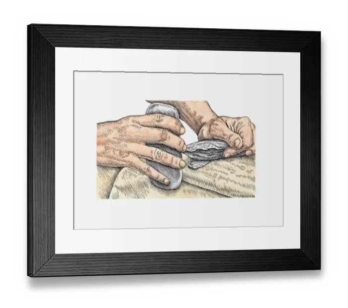 Framed Print : Illustration of of man making clovis point using antler hammer Framed Print : Illustration of of man making clovis point using antler hammer