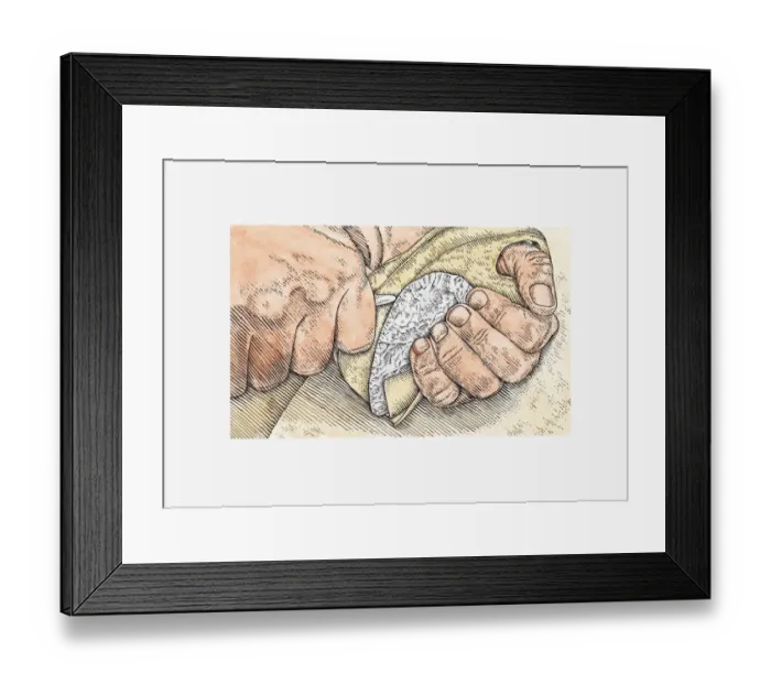 Framed Print : Illustration of man using tip of antler to shape stone, and pad of leather to protect palm of hand Framed Print : Illustration of man using tip of antler to shape stone, and pad of leather to protect palm of hand