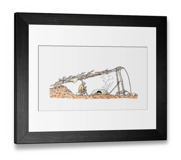 Framed Print : Cross section illustration of Ice Age mammoth hunter sitting in front of fire inside hut, Dolni Vestonice, Moravia Framed Print : Cross section illustration of Ice Age mammoth hunter sitting in front of fire inside hut, Dolni Vestonice, Moravia