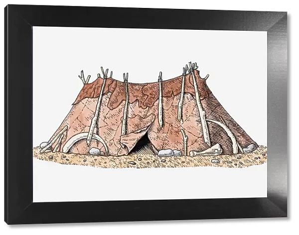 Illustration of Siberian tent made from animal skin and bones