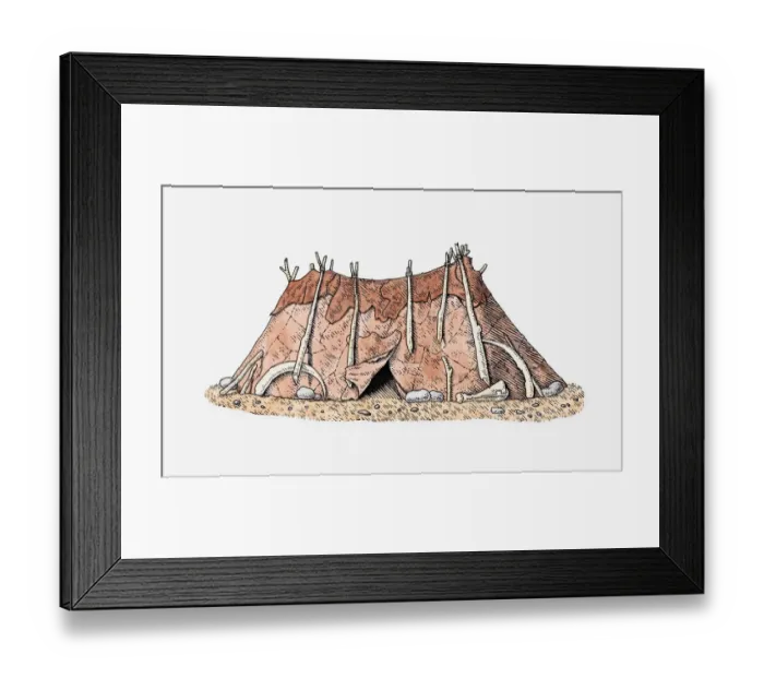 Framed Print : Illustration of Siberian tent made from animal skin and bones