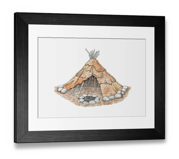 Framed Print : Cross section iIllustration of wigwam made from animal skin with fire inside Framed Print : Cross section iIllustration of wigwam made from animal skin with fire inside