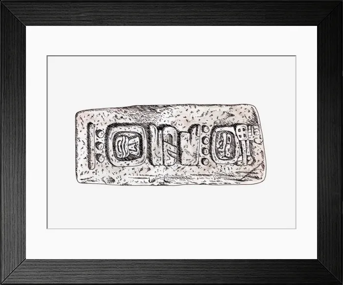 Framed Print : Illustration of fragmented monolith with Zapotec script, Monte Alban, Mexico Framed Print : Illustration of fragmented monolith with Zapotec script, Monte Alban, Mexico