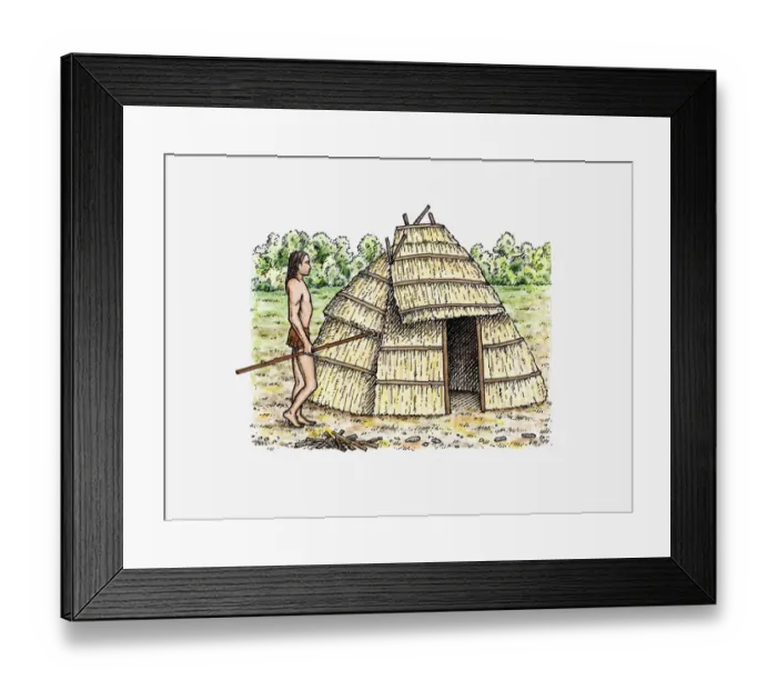 Framed Print : Illustration of Native American standing outside hut in prehistoric Icehouse Bottom, Monroe County, Tennessee Framed Print : Illustration of Native American standing outside hut in prehistoric Icehouse Bottom, Monroe County, Tennessee