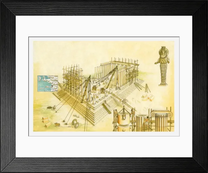 Framed Print : Illustration of construction work at the ancient Temple of Artemis Framed Print : Illustration of construction work at the ancient Temple of Artemis