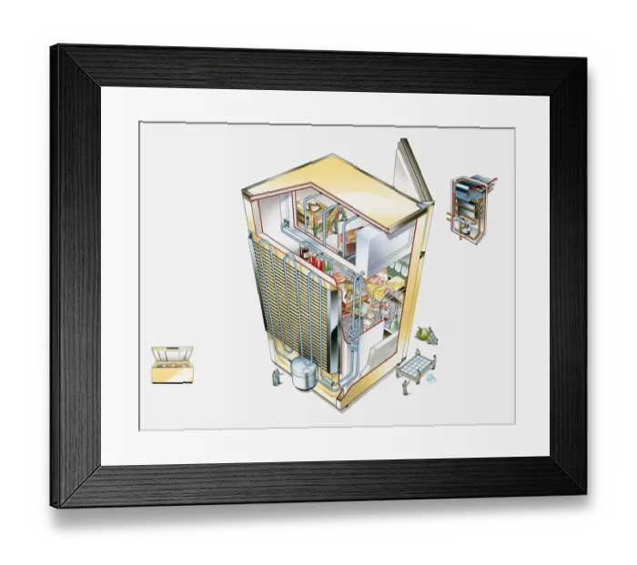 Framed Print : Illustration of refrigerator and smaller images showing chest freezer and boiler Framed Print : Illustration of refrigerator and smaller images showing chest freezer and boiler