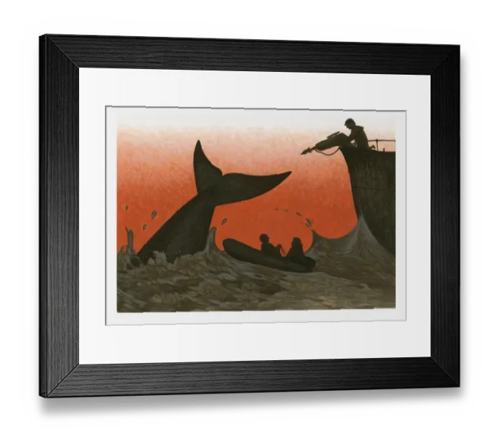 Framed Print : Illustration of man aiming harpoon at whale in sea next to people in small boat set against a blood red sky Framed Print : Illustration of man aiming harpoon at whale in sea next to people in small boat set against a blood red sky