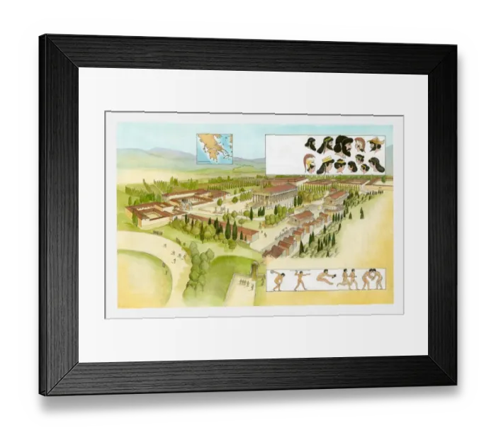 Framed Print : Illustration of ancient Olympia, athletes performing in the Games and heads of Greek Gods Framed Print : Illustration of ancient Olympia, athletes performing in the Games and heads of Greek Gods