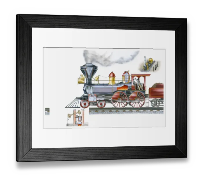 Framed Print : Illustration of steam train and smaller images of Rocket steam locomotive and mechanism of Thomas Newcomens engine Framed Print : Illustration of steam train and smaller images of Rocket steam locomotive and mechanism of Thomas Newcomens engine