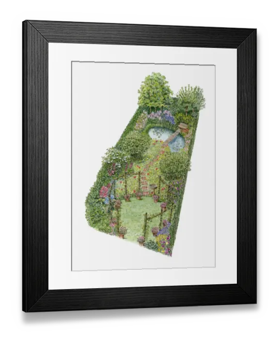 Framed Print : Illustration of wildflower garden, with trees and shrubs and a pond Framed Print : Illustration of wildflower garden, with trees and shrubs and a pond
