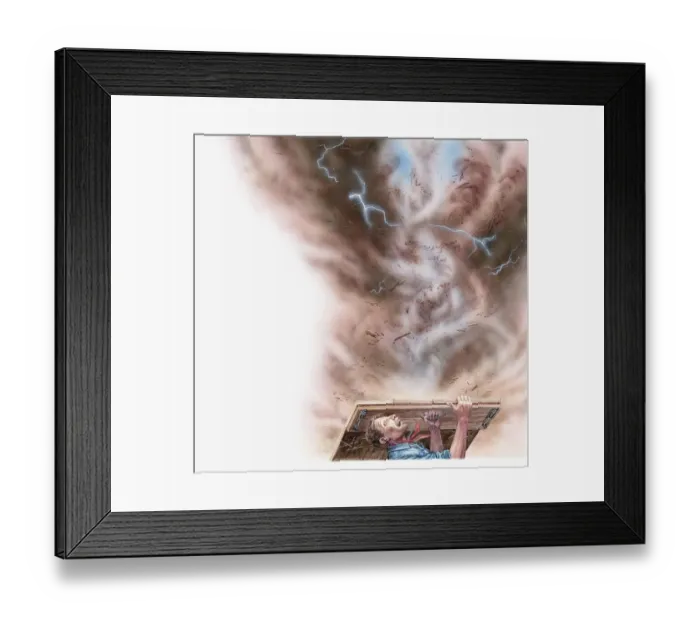 Framed Print : Illustration of farmer Will Keller looking at twister from underground shelter seeing mini twisters inside the big twister Framed Print : Illustration of farmer Will Keller looking at twister from underground shelter seeing mini twisters inside the big twister